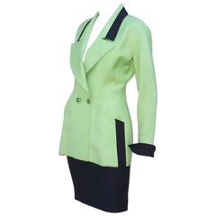 Stylized C.1990 Karl Lagerfeld Lime Green & Black Linen Skirt Suit
