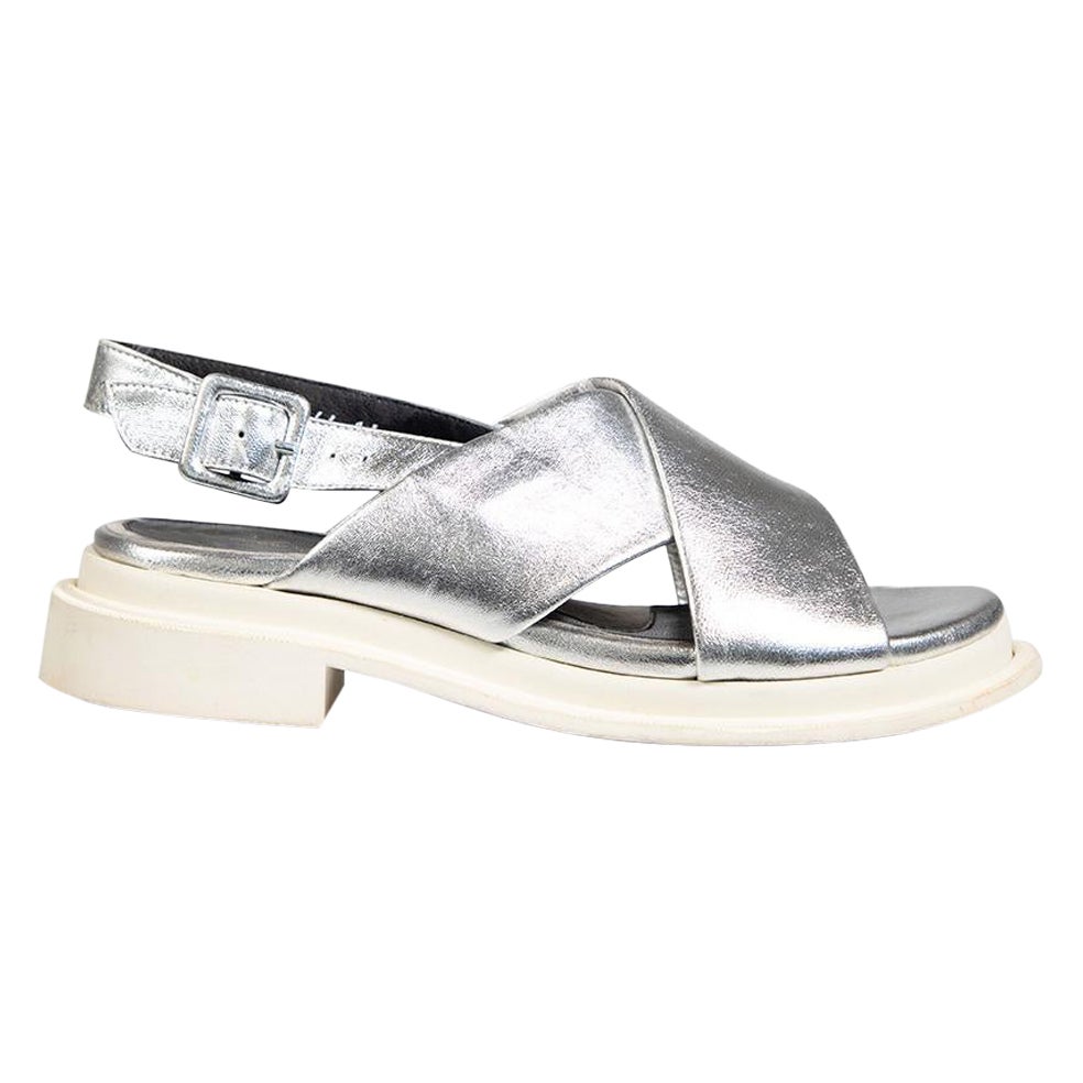 Clergerie Silver Leather Cross Strap Sandals Size IT 37 For Sale
