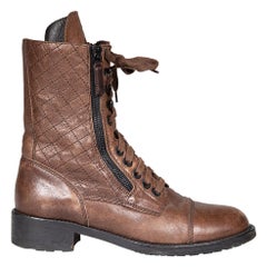 Chanel Brown Leather Quilted Lace Up Boots Size IT 39.5