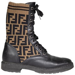 Fendi Black Leather FF Combat Boots Size IT 39