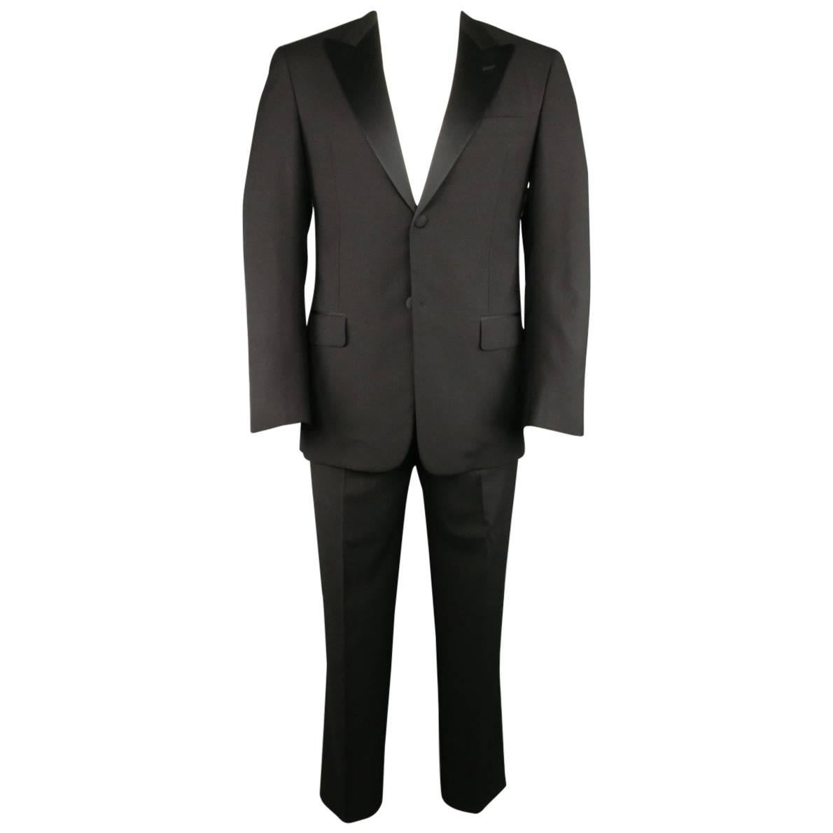 Men's VALENTINO 40 Regular Black Wool & Satin Peak Lapel 2 Button Tuxedo