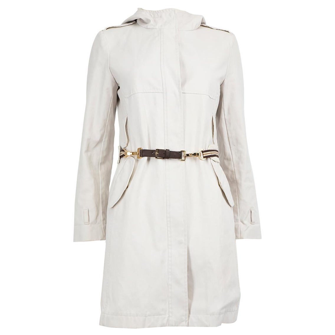 Max Mara Ecru Belted Hooded Trench Coat Size M For Sale