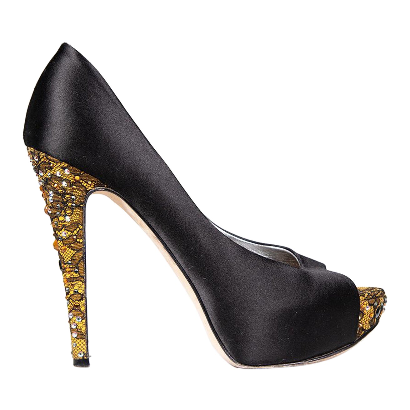 Gina Black Embellished Lace Detail Peep Toe Heels Size UK 6 For Sale
