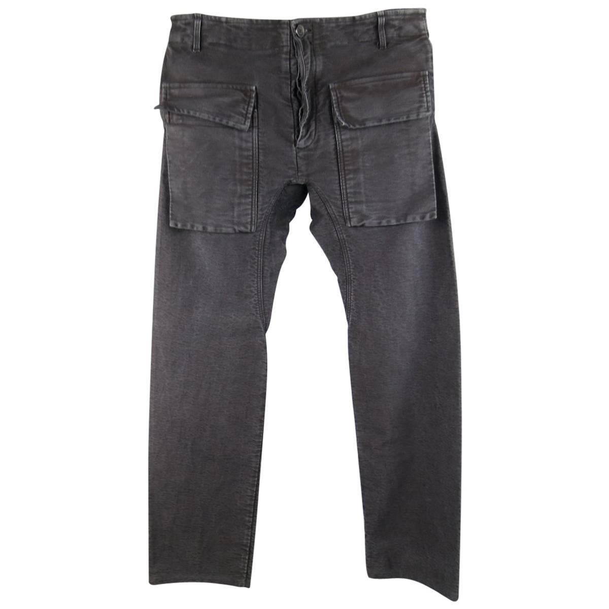 RICK OWENS 32 Black Washed Distressed Cotton Oversized Pocket Drop Crotch Pants