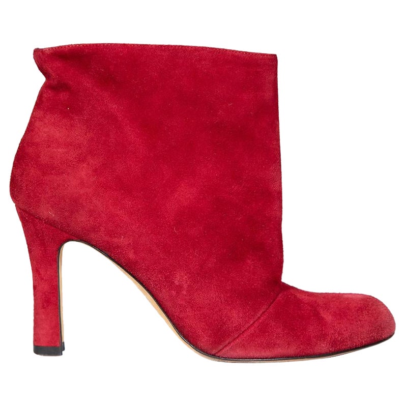 Manolo Blahnik Red Suede Heeled Ankle Boots Size IT 37.5 For Sale