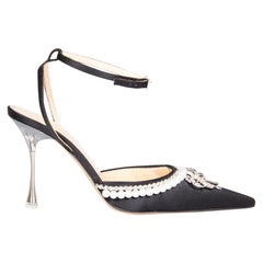 Mach & Mach Black Satin Sophie Crystal Bow Heels Size IT 38.5