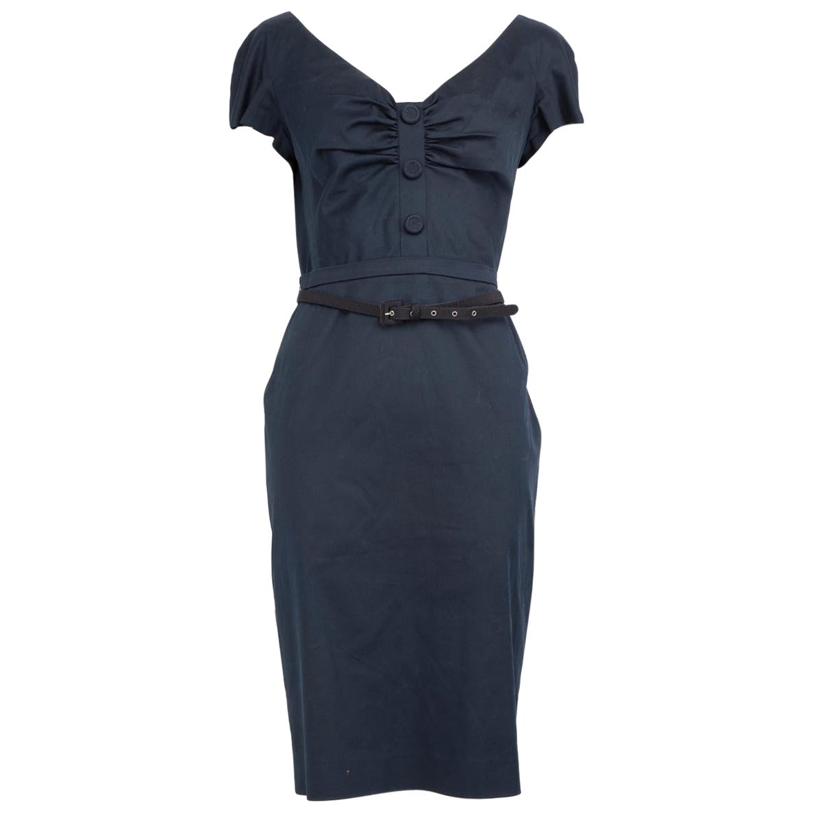 Dior Navy Button Detail Belted Dress Size L For Sale