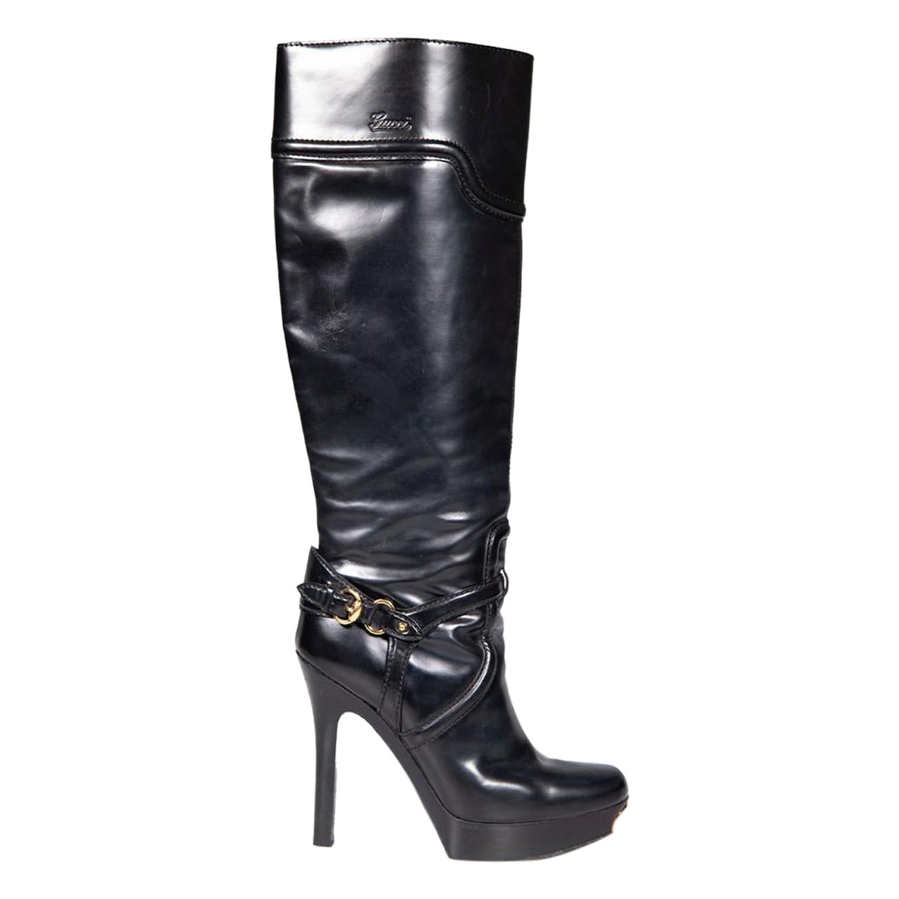 Schwarze Gucci-Stiefel aus Leder mit Schnalle und Plateauschnalle Größe US 7,5