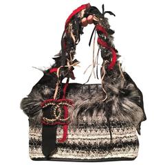 Chanel Grey Black and White Tweed Fur and Ribbon Handbag 1