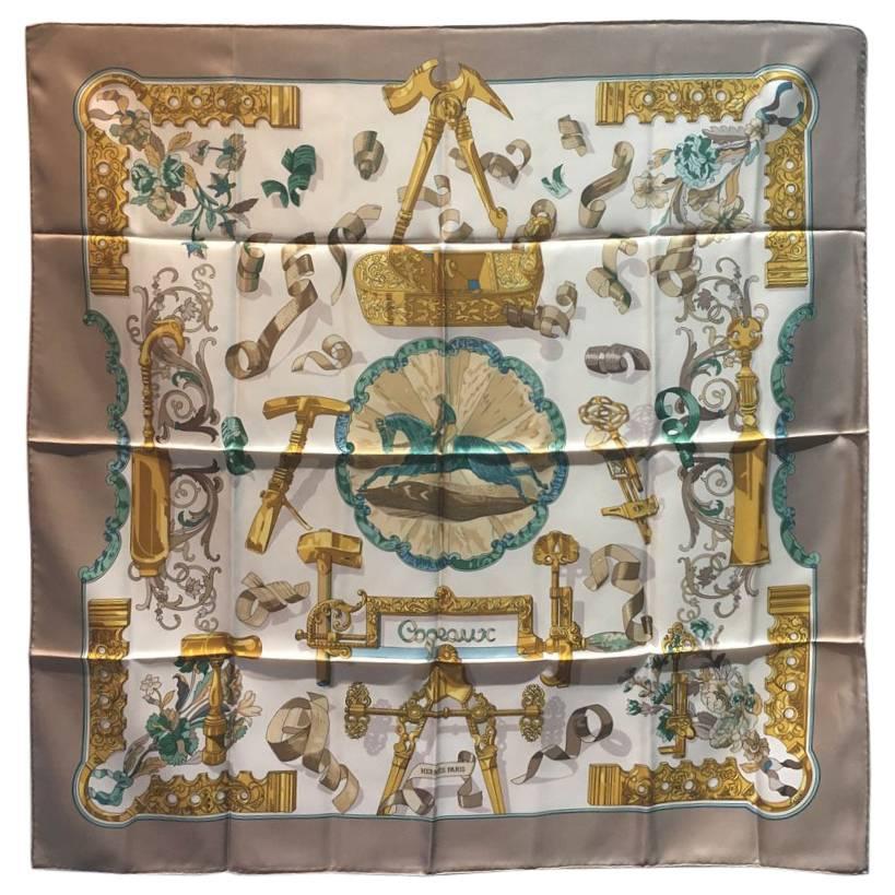 Hermes Copeaux Silk Scarf in Taupe and White 