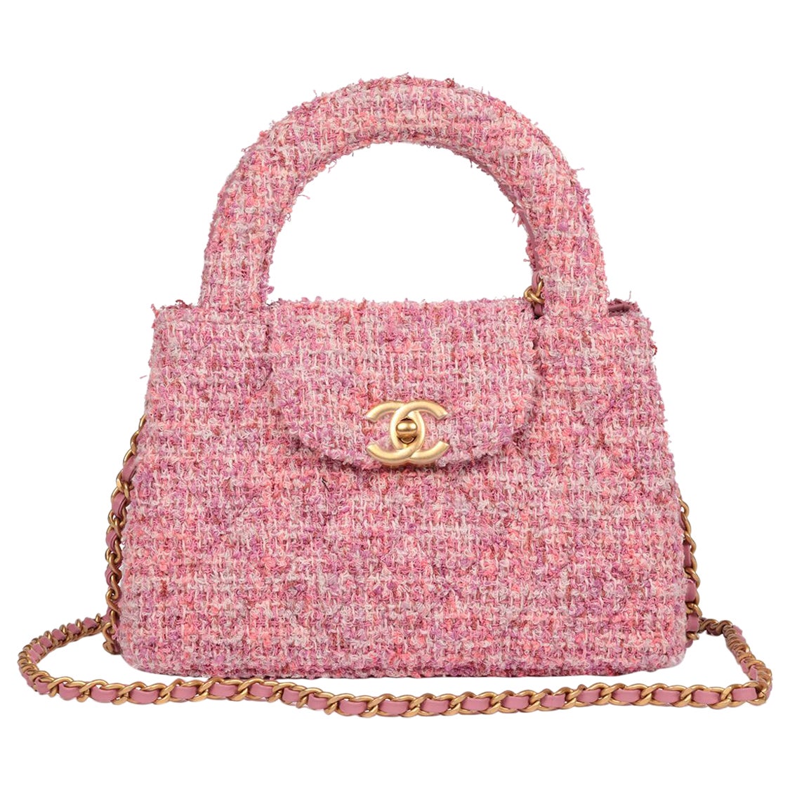 Chanel Pink Quilted Tweed Nano Classic Kelly Shopper For Sale