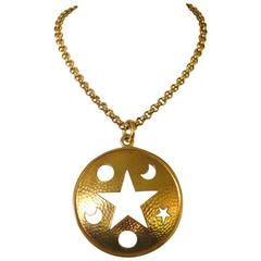 Massive Gold Gilt Celine Star Moon Cut Out Disc Necklace Never worn 10