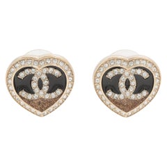 Chanel CC Logo Heart Rhinestone Black Enamel Stud Earring