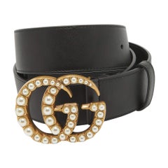 Gucci Black Leather Pearl Embellished GG Marmont Belt 90CM