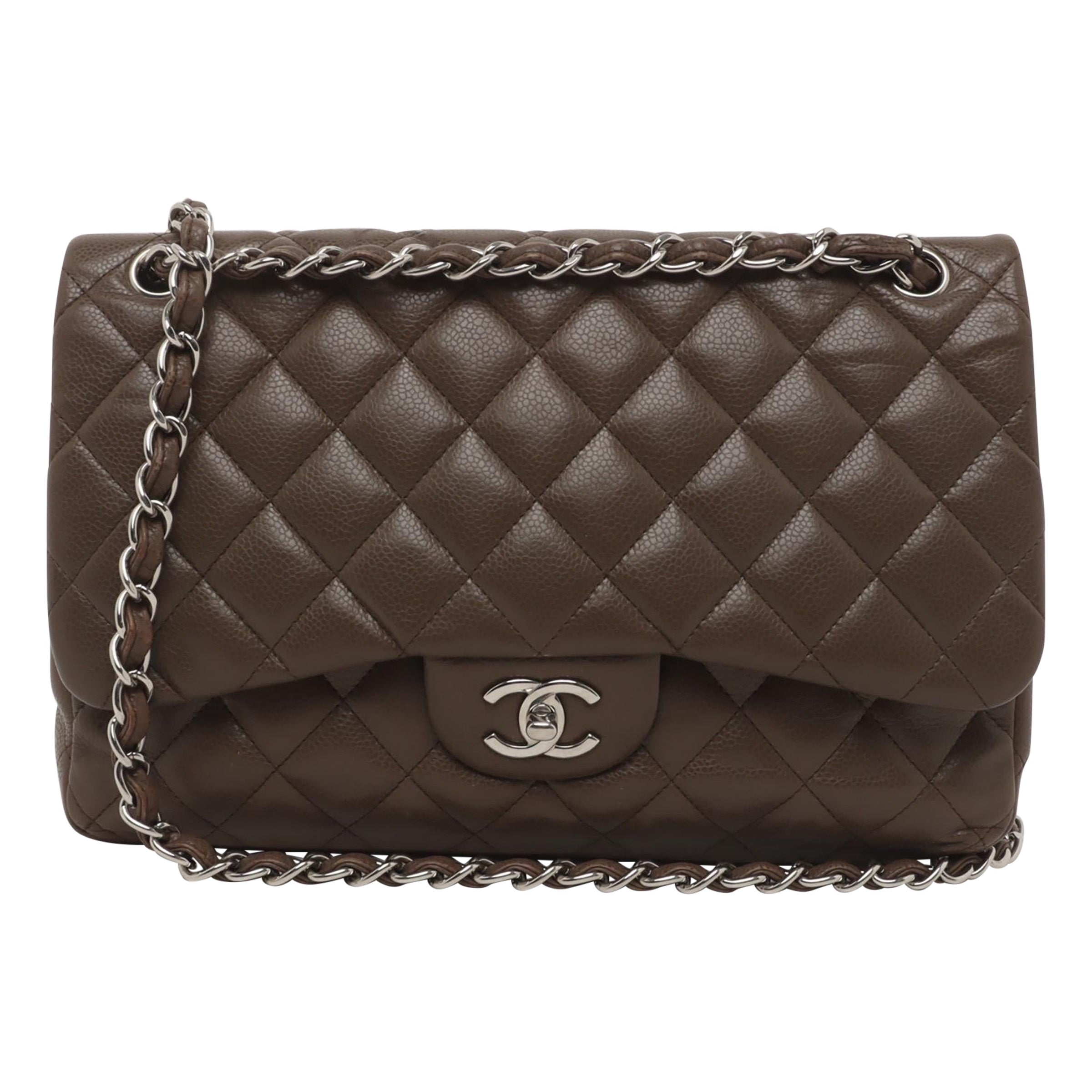 Chanel Classic Flap Jumbo 2012 Coffee Brown Caviar Leather Double Flap Silver Ha