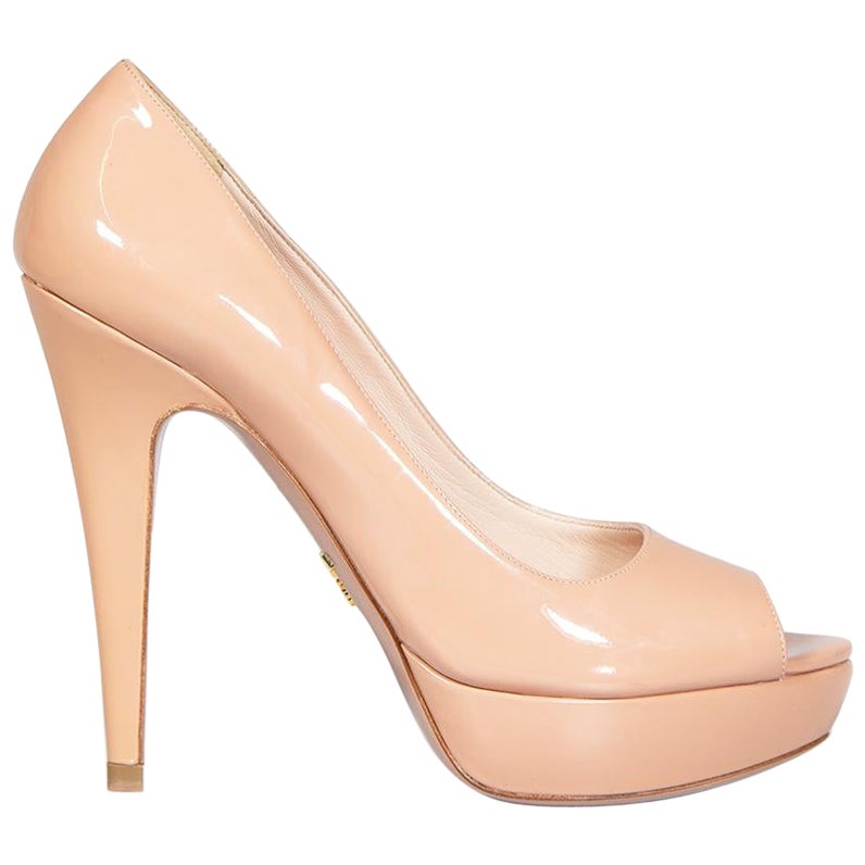 Prada Pink Patent Peep Toe Pumps Size IT 37.5 For Sale