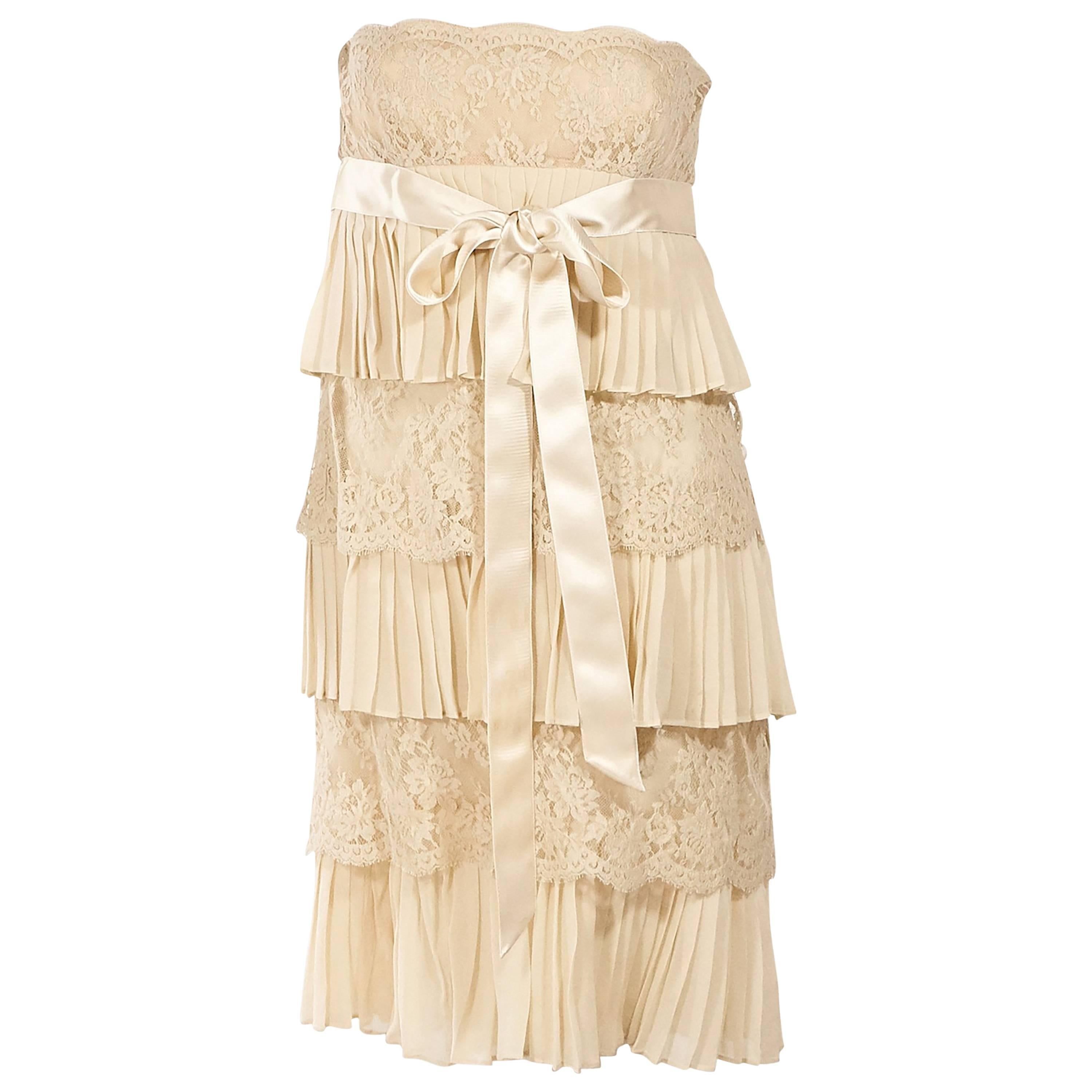 Tan Valentino Lace & Pleated Silk Dress