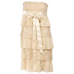 Tan Valentino Lace & Pleated Silk Dress