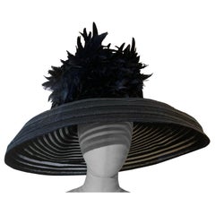Custom-Made Maison Michel Broad Brimmed Striped Hat of Straw & Sheer w Flowers