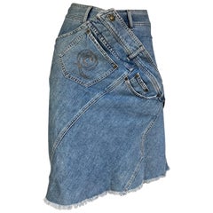 ALEXANDER MCQUEEN c.2003 BLAUER DENIM DECONSTRUCTED ASYMMETRICAL MIDI SKIRT