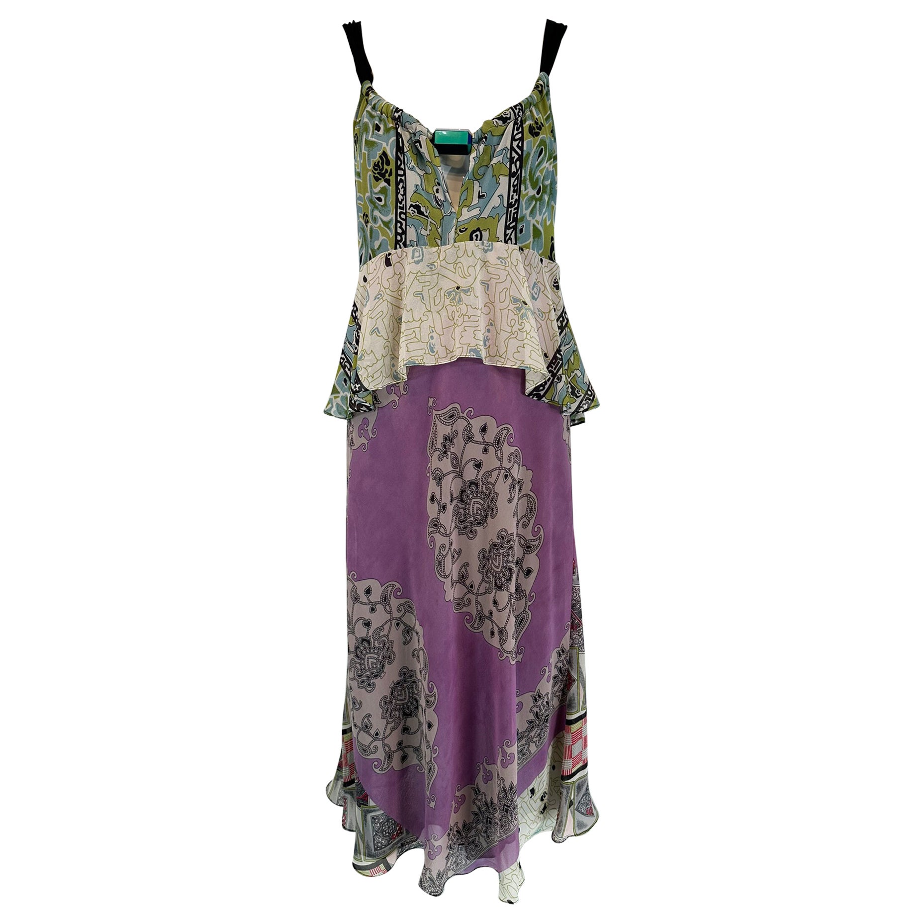 Etro Mix Print Silk Chiffon Peplum Slip Dress with Acrylic Bauble Bodice 44 For Sale