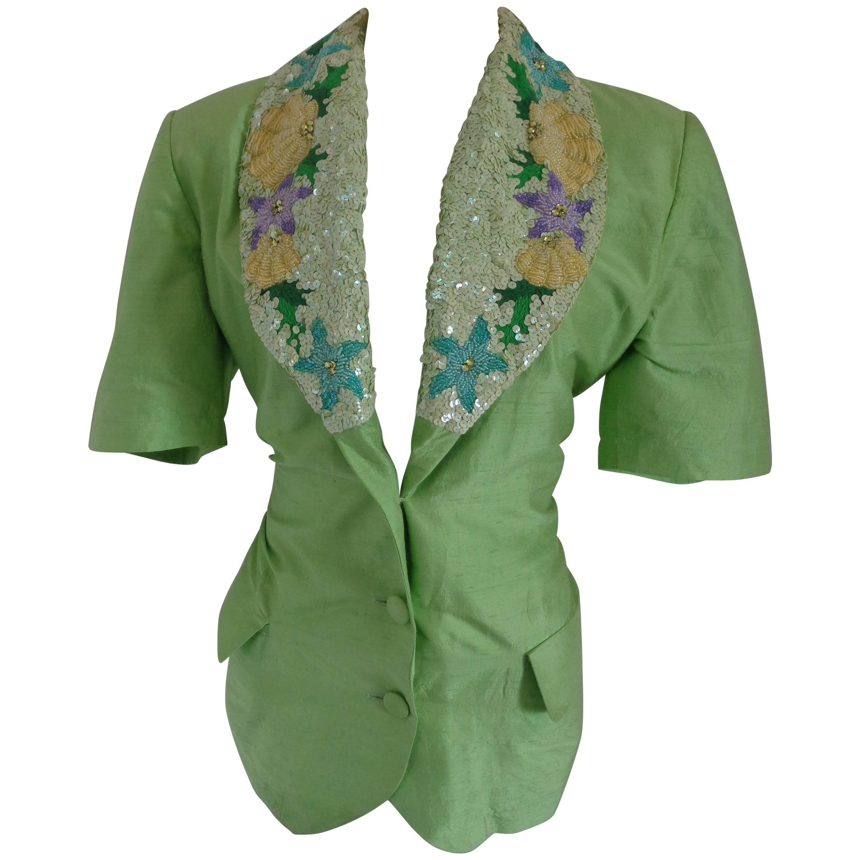 Post Scriptum Green sequins Silk Jacket For Sale