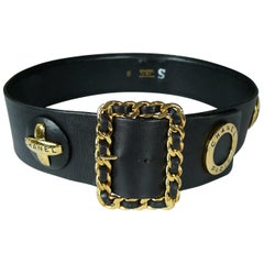 Chanel Vintage 1993 Wide Black Leather Belt with Iconic Ornaments