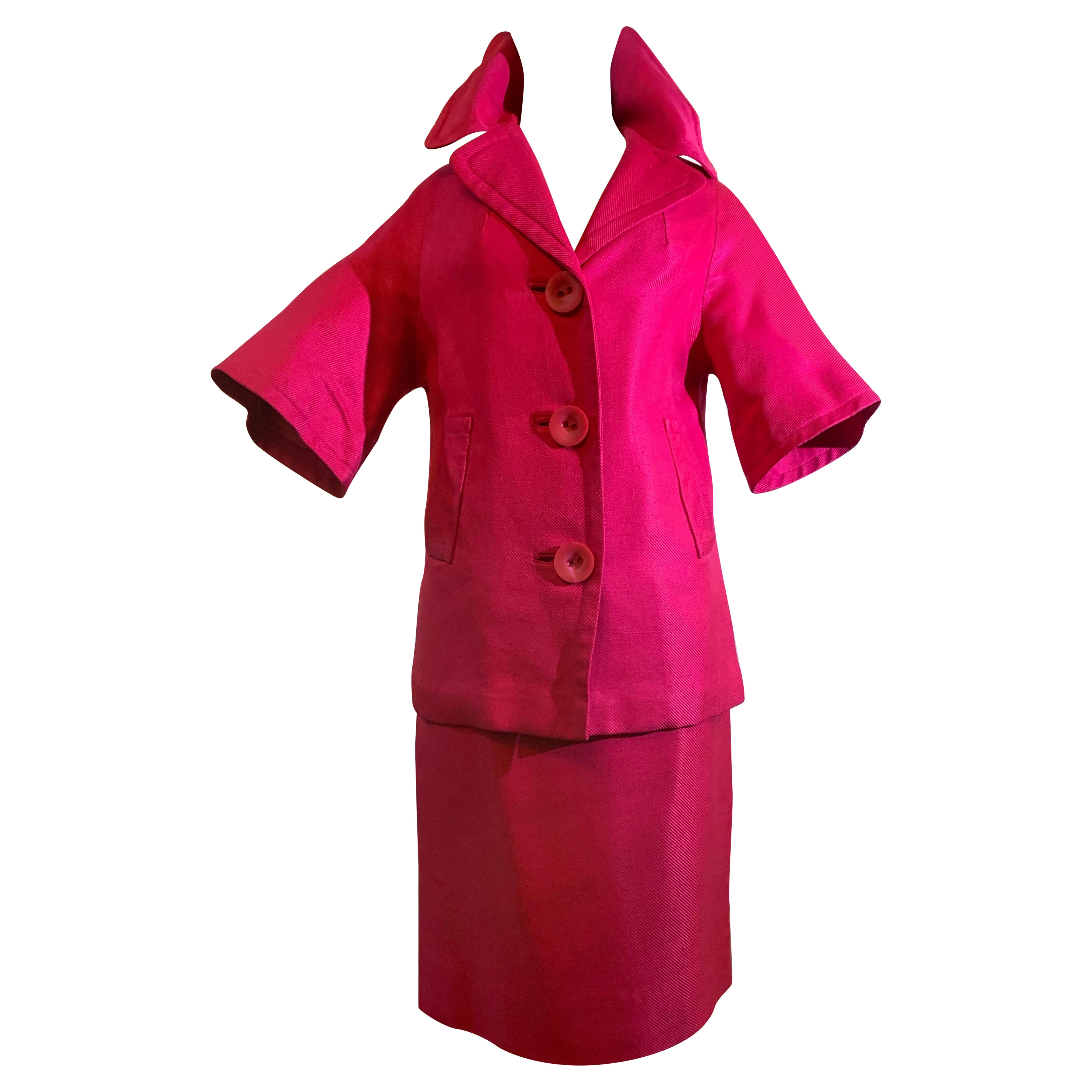 Abito a due pezzi con gonna a ruota in twill di seta degli anni '60, rosa fucsia, con maniche al gomito in vendita