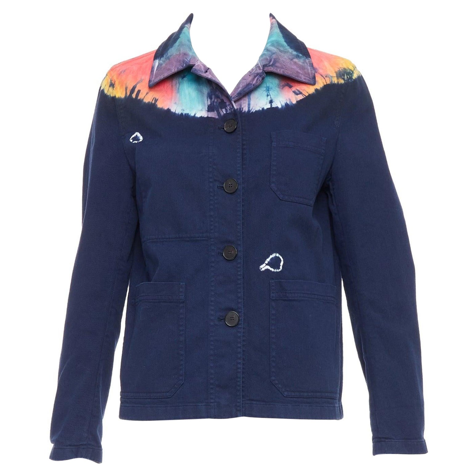 CHRISTIAN DIOR 2021 rainbow tie dye blue cotton cropped jacket FR40 L For Sale
