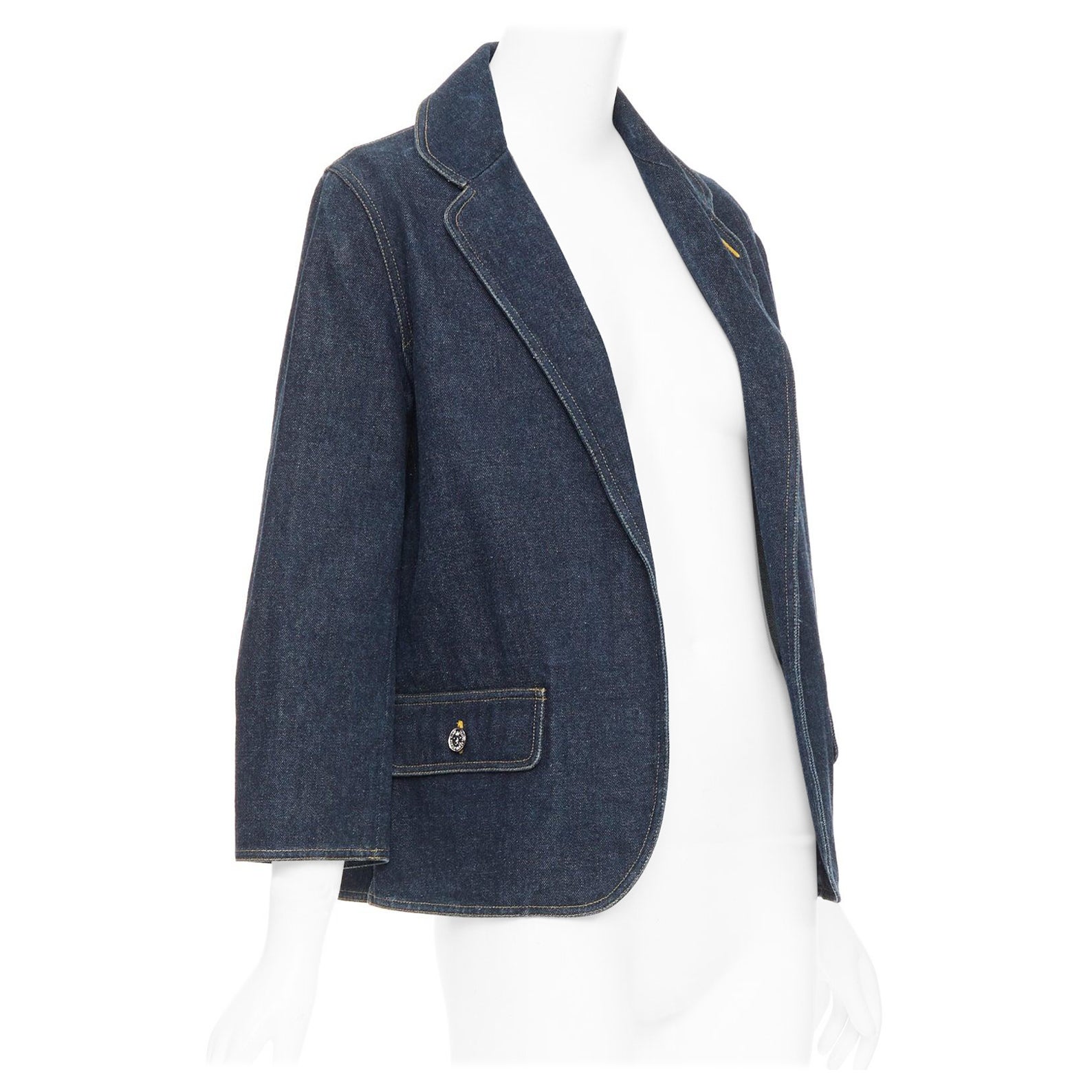 CHANEL Vintage dark indigo denim CC logo buttons blazer For Sale