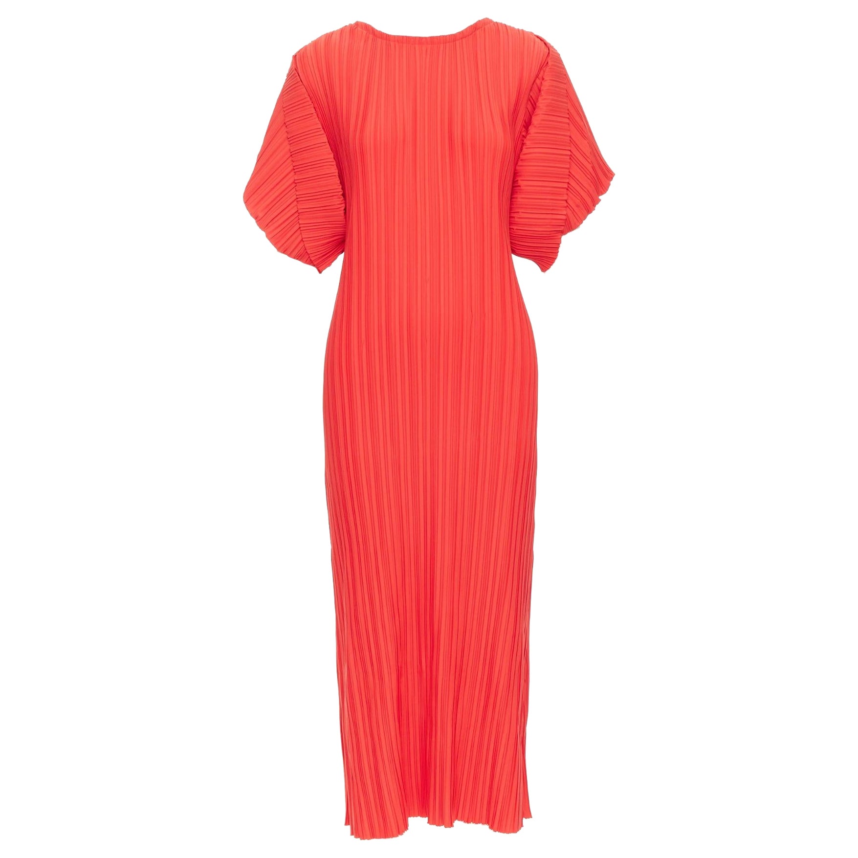 BAMBAH Beach red plisse puff half sleeve crew neck midi dress For Sale
