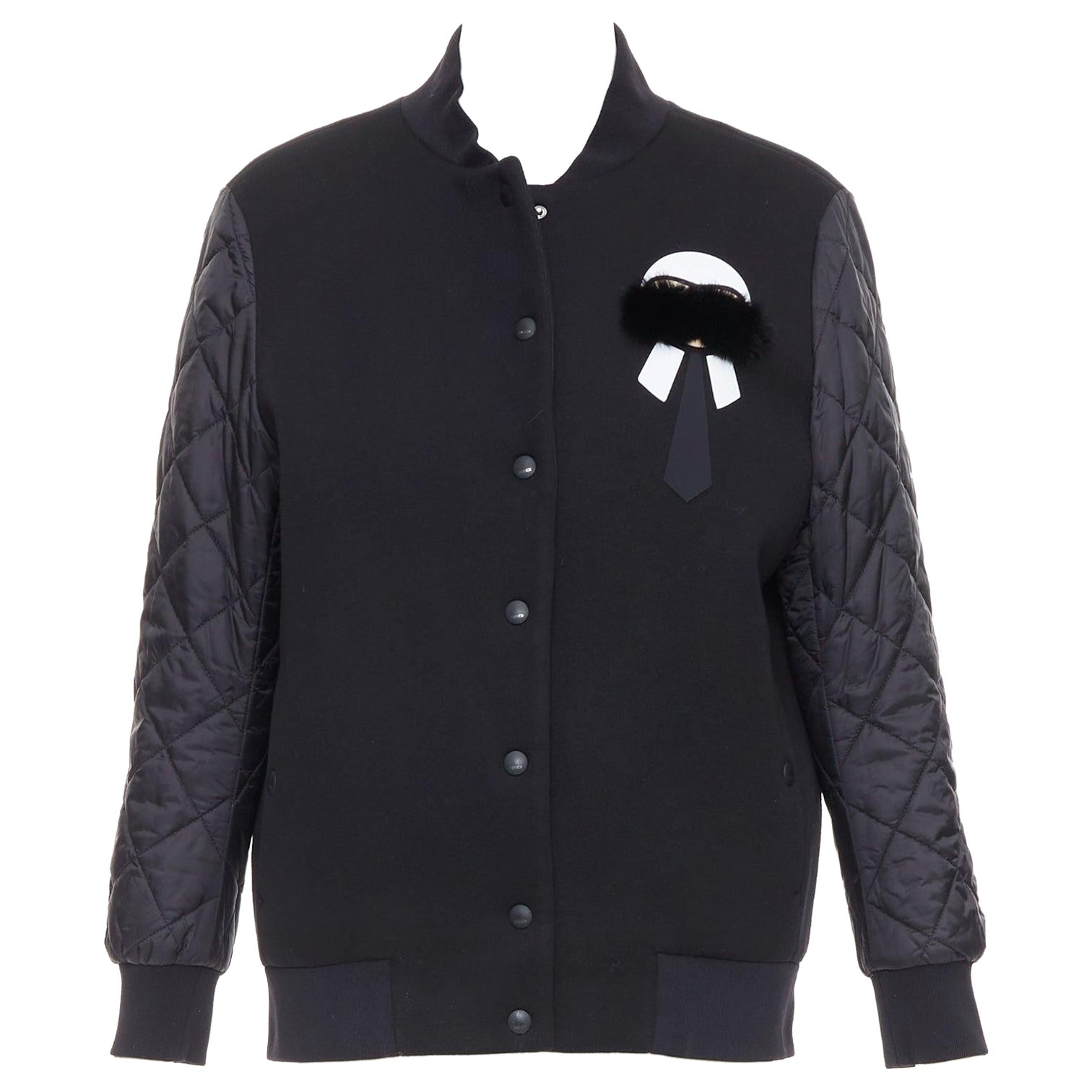 Fendi Karlito, bomber trapuntato nero in misto modal e pelliccia IT38 XS in vendita