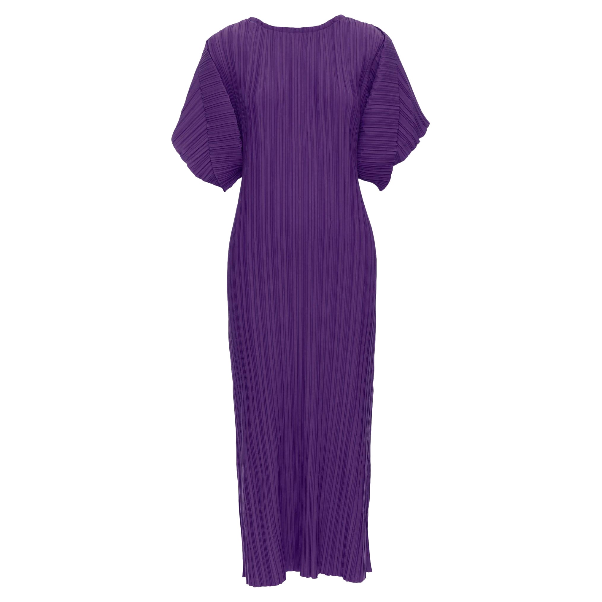 BAMBAH Beach purple plisse puff half sleeve crew neck midi dress For Sale
