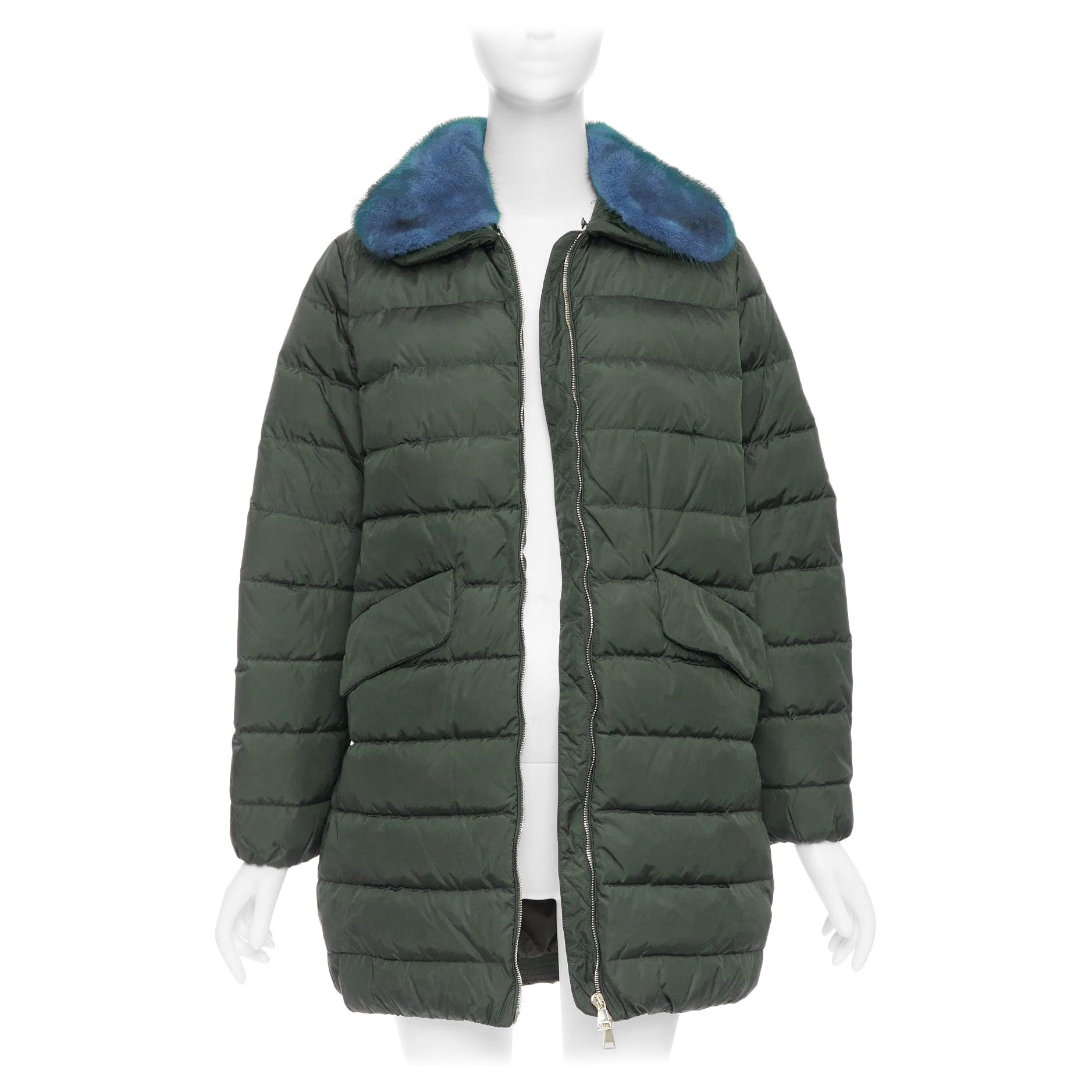 MONCLER Indis Giabotto blue fur collar khaki quilt puffer jacket Sz1 For Sale