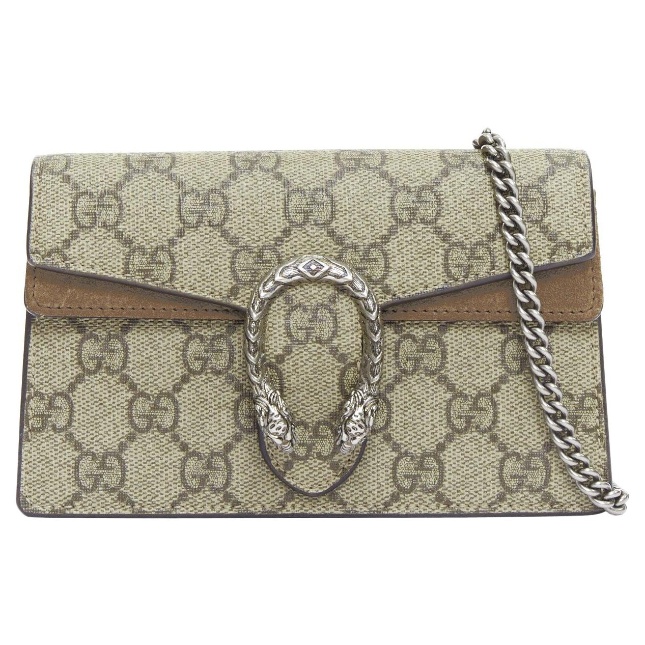 GUCCI Dionysus Supreme Super Mini beige monogram silver buckle crossbody bag For Sale