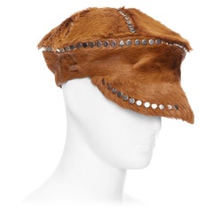 PRADA Runway cognac dyed calf fur silver studded cotton lined newsboy hat M