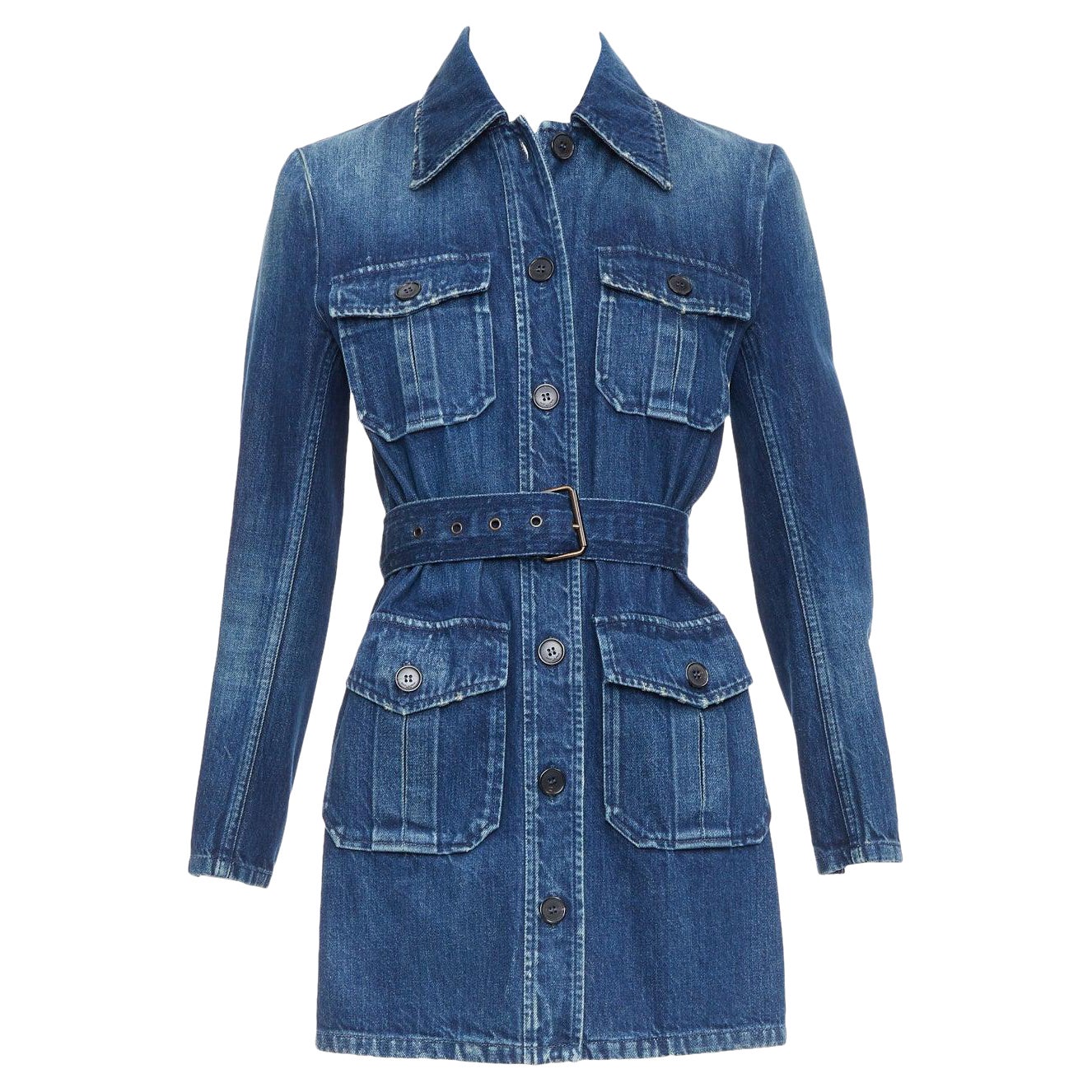 SAINT LAURENT Abito camicia safari con cintura in denim lavato blu indaco Saharienne