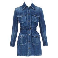 SAINT LAURENT Saharienne blue indigo washed denim belted safari shirt dress