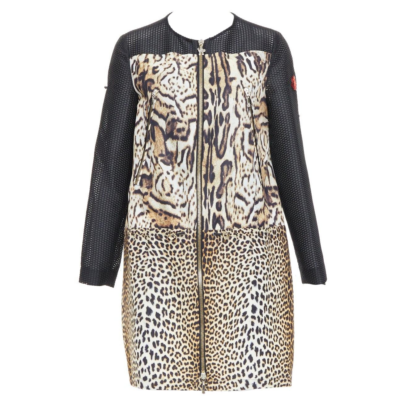 Moncler Gamme Rouge Cappotto lungo in rete con stampa leopardata marrone nero Sz0 in vendita