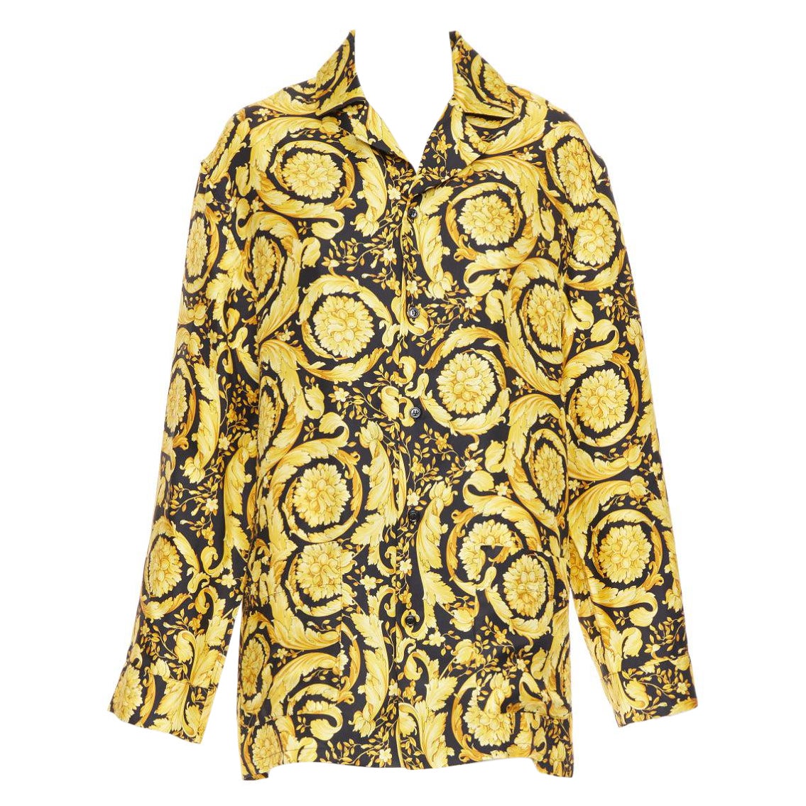 VERSACE 100% silk Signature Barocco Baroque black gold print pajama shirt Sz2 M For Sale