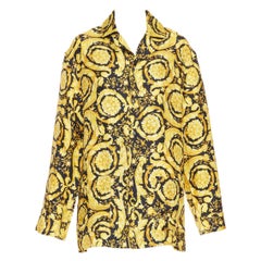 VERSACE 100% silk Signature Barocco Baroque black gold print pajama shirt Sz2 M