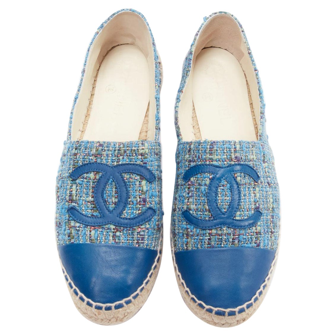 CHANEL blue tweed CC logo leather toe cap espadrille shoes EU40 For Sale