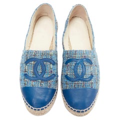 CHANEL blue tweed CC logo leather toe cap espadrille shoes EU40