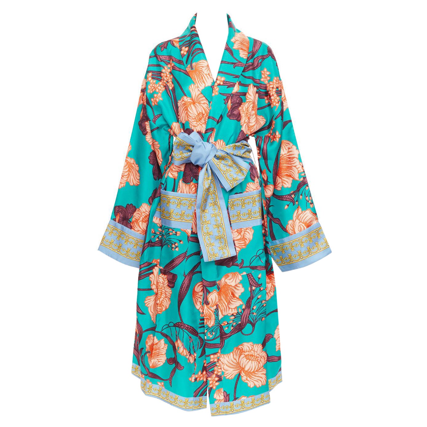VERSACE 100% silk Baroque Art Deco green orange floral Medusa print robe gown L For Sale