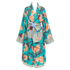 VERSACE 100% silk Baroque Art Deco green orange floral Medusa print robe gown L