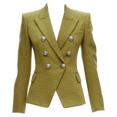 Balmain verde argento con bottoni a forma di leone, giacca blazer militare a doppio petto FR36 S