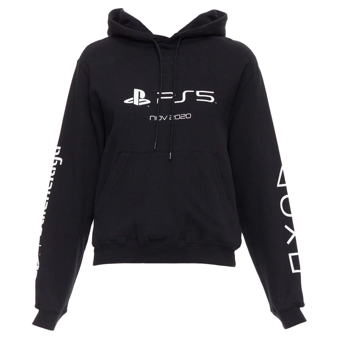 BALENCIAGA Demna 2021 black cotton PS5 logo fitted cropped hoodie M For Sale