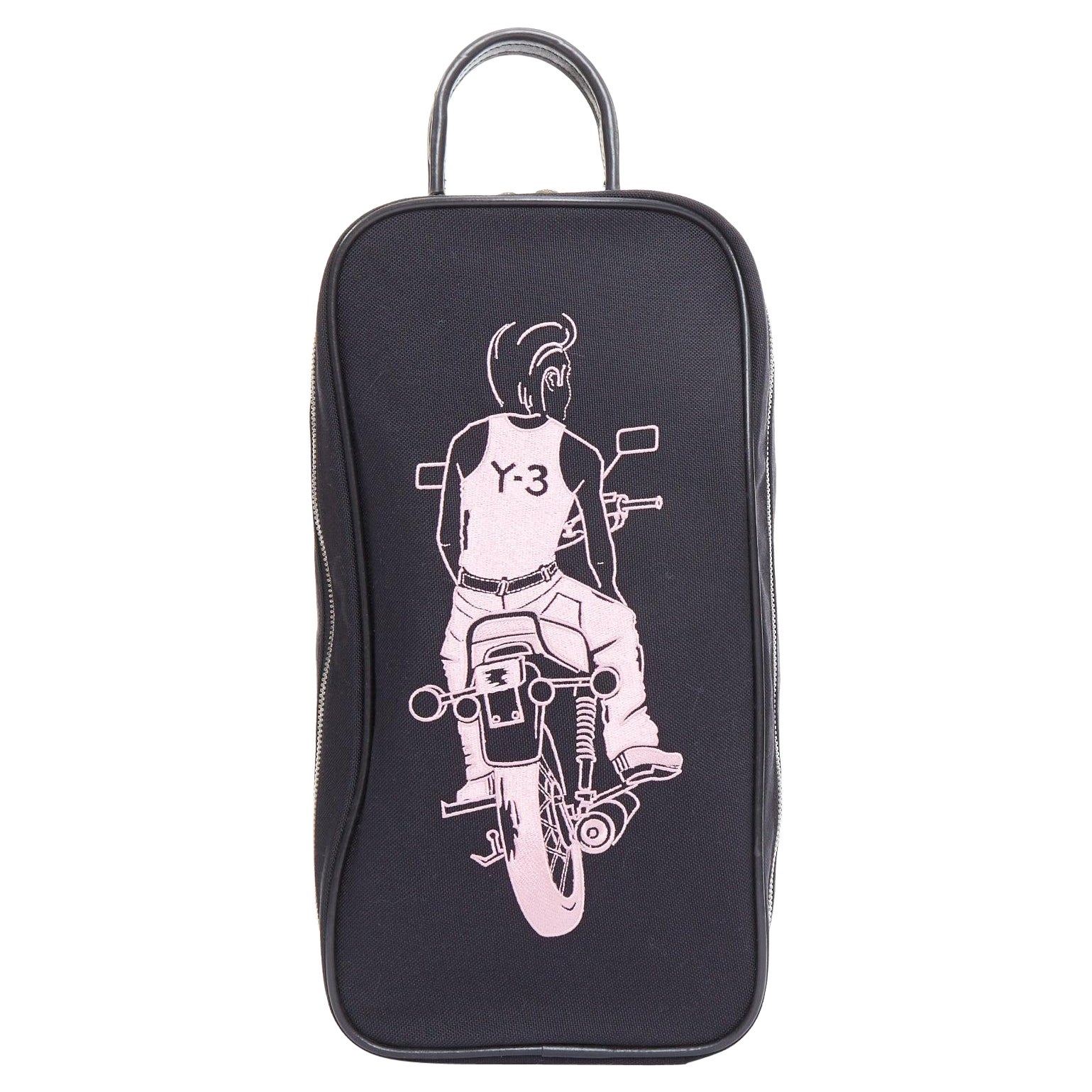 rare Y3 YOHJI YAMAMOTO pink cyclist embroidery black leather top handle bag For Sale