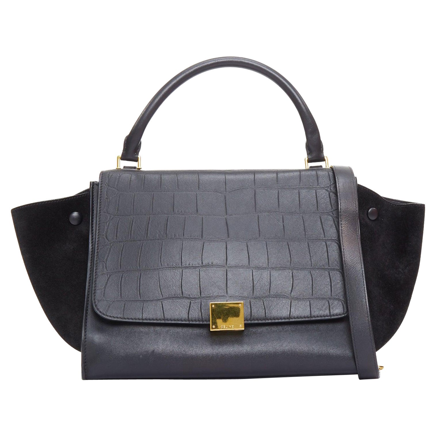 CELINE Trapeze black embossed scaled leather gold clasp crossbody bag For Sale