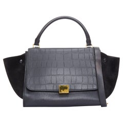 CELINE Trapeze, borsa a tracolla in pelle nera a scaglie con chiusura dorata